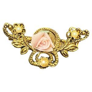 Vintage Style Gold Tone Resin Pink Rose Brooch 1.75" Faux Pearl Floral Filigree